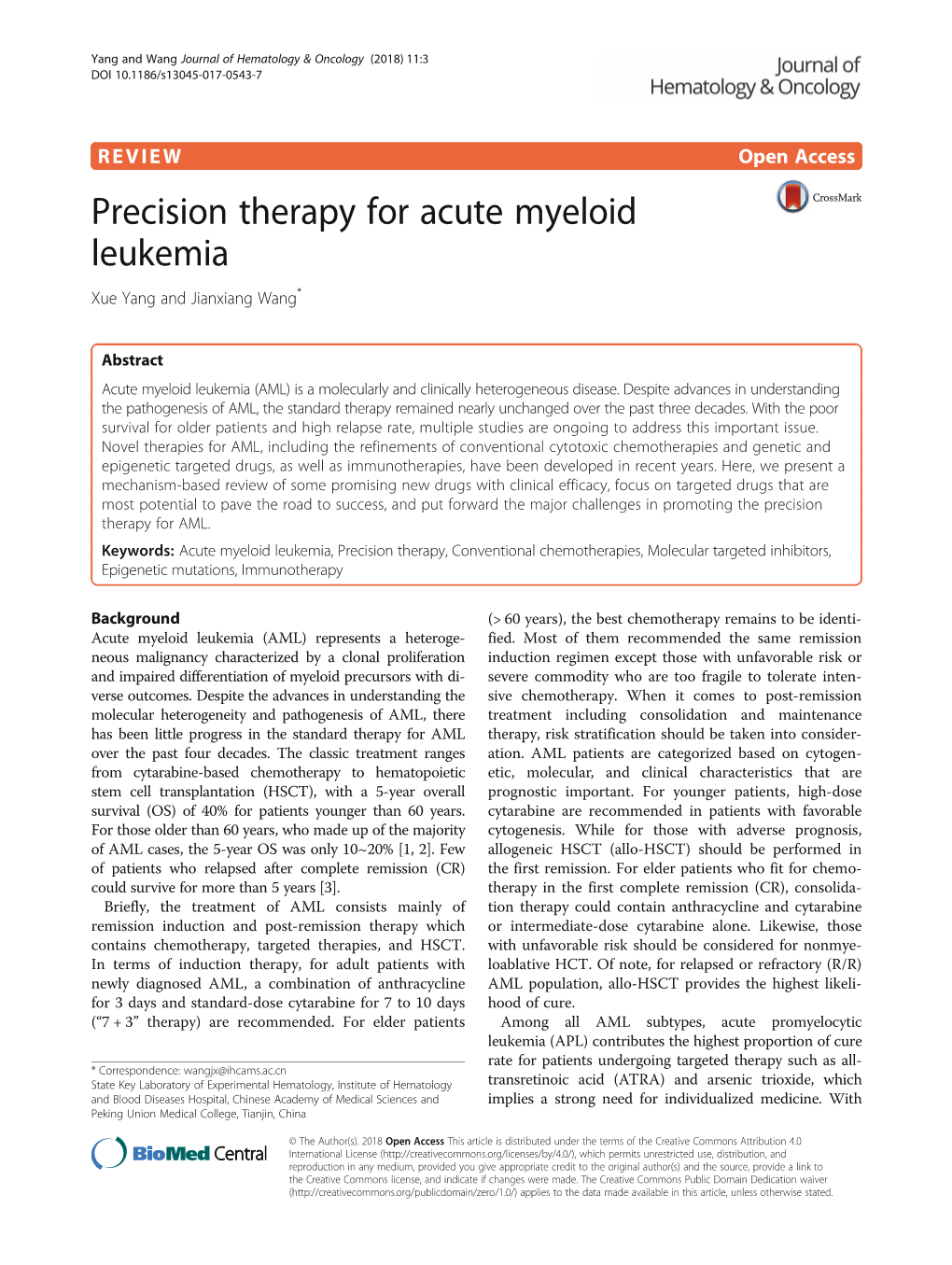 Precision Therapy for Acute Myeloid Leukemia Xue Yang and Jianxiang Wang*