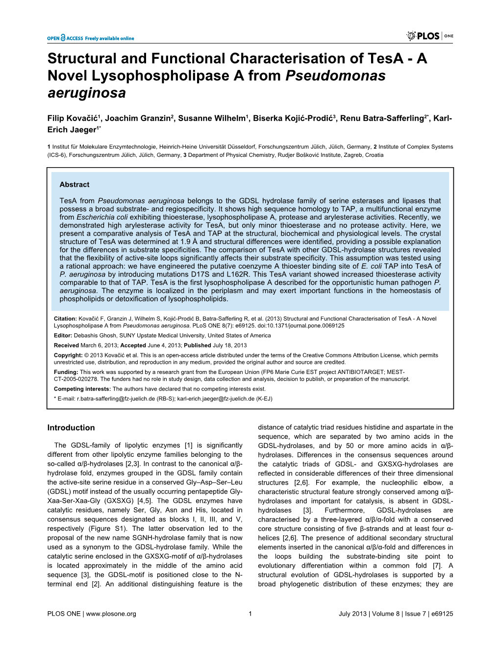 A Novel Lysophospholipase a from Pseudomonas Aeruginosa