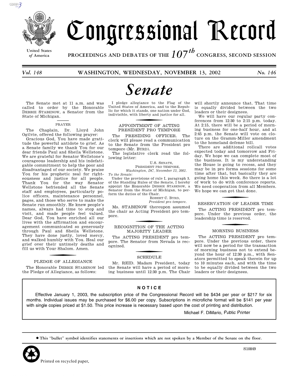 Congressional Record United States Th of America PROCEEDINGS and DEBATES of the 107 CONGRESS, SECOND SESSION