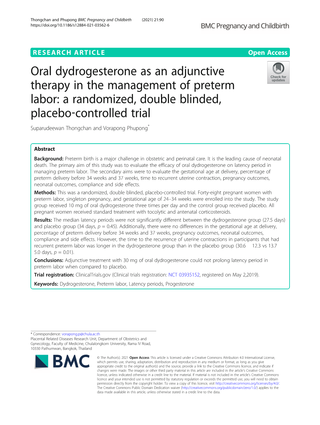 Oral Dydrogesterone As an Adjunctive Therapy in the Management of Preterm Labor