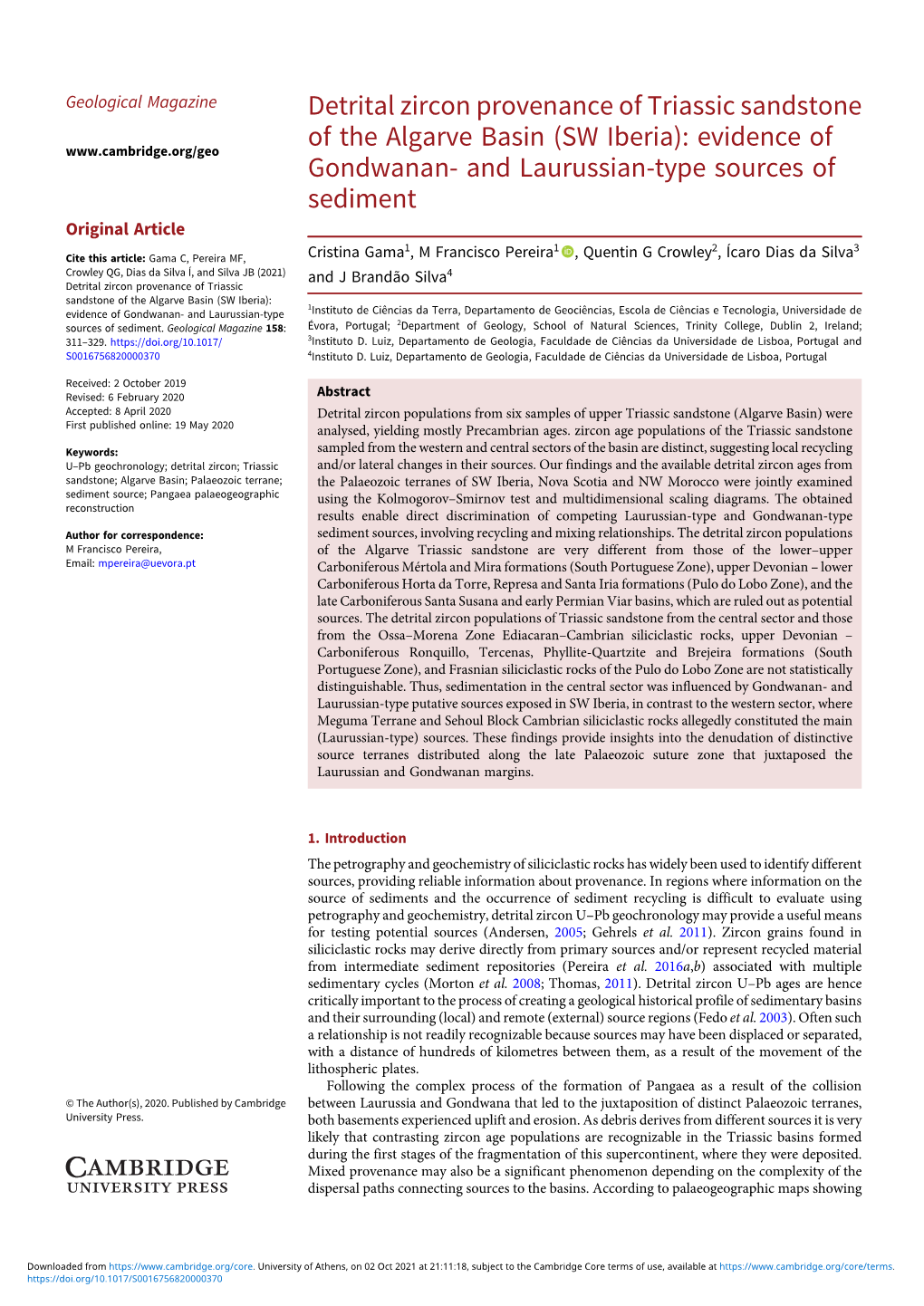 Detrital Zircon Provenance of Triassic Sandstone of the Algarve Basin (SW