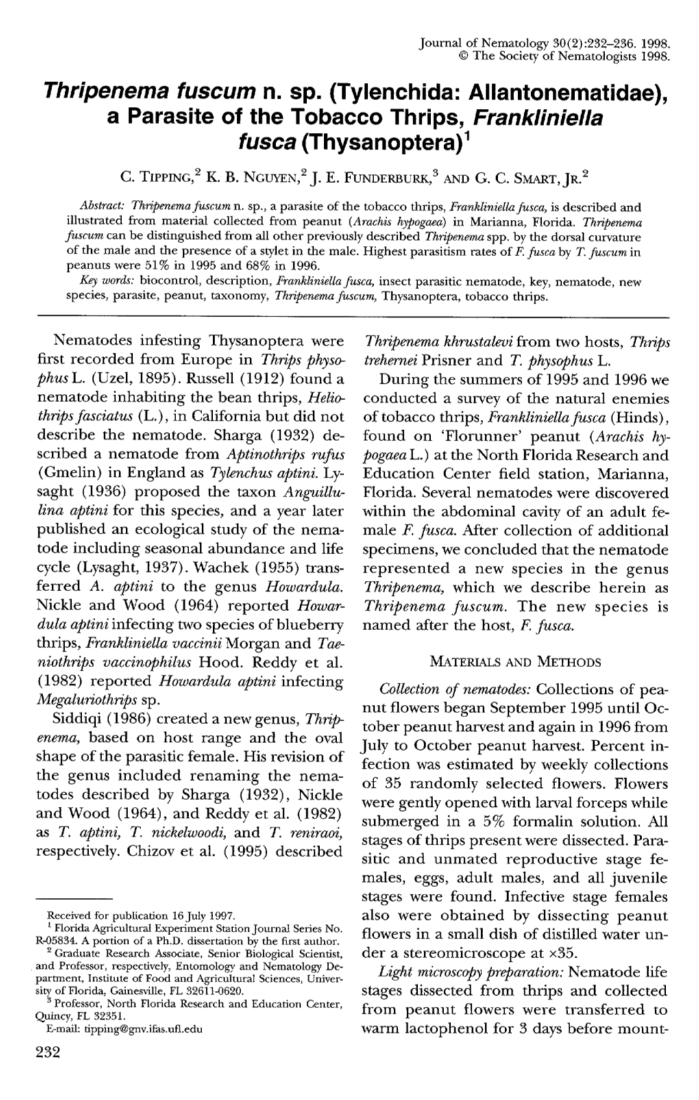 Thripenema Fuscum N. Sp. (Tylenchida: Allantonematidae), a Parasite of the Tobacco Thrips, Frankliniella Fusca (Thysanoptera) 1