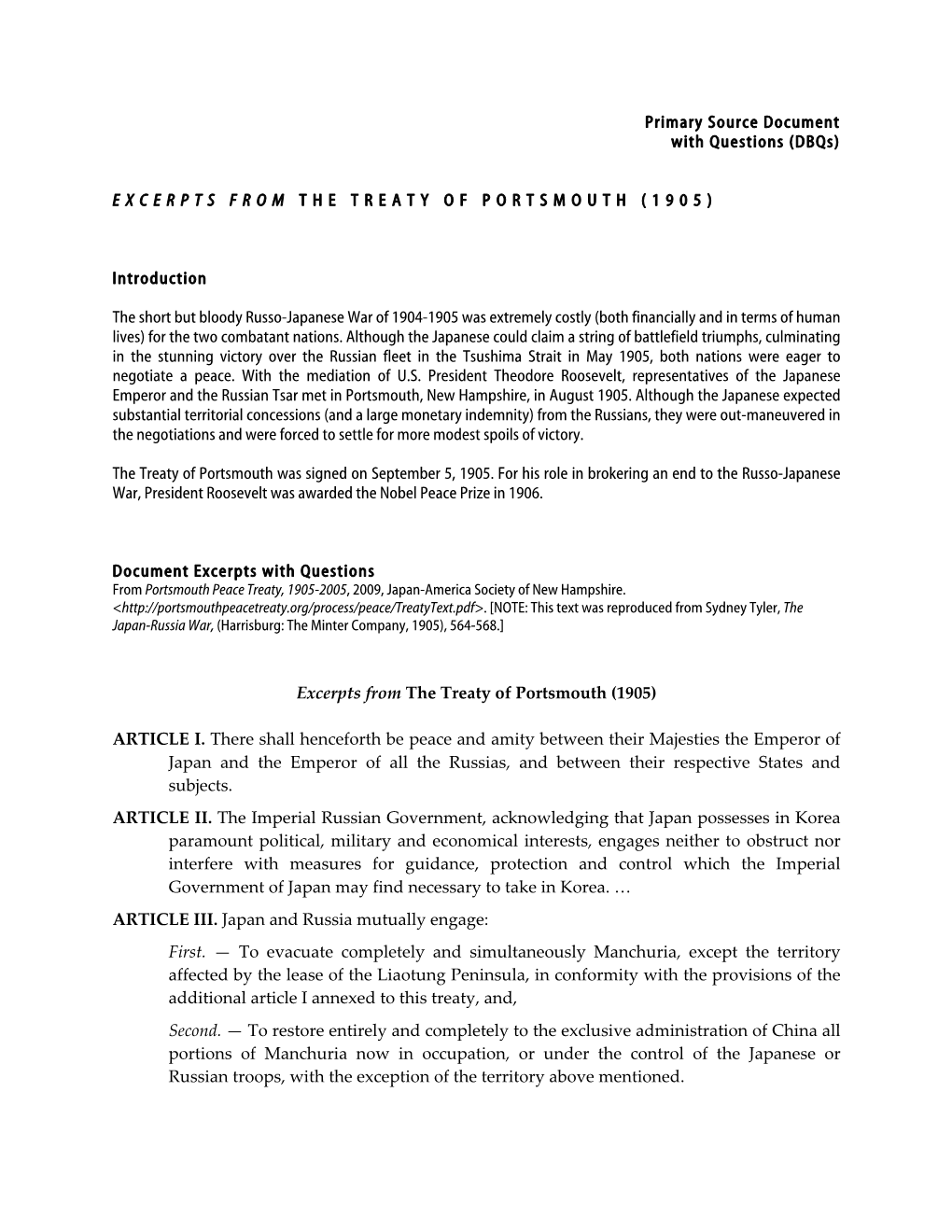 Dbqs) EXCERPTS from the TREATY of PORTSMOUTH (1905