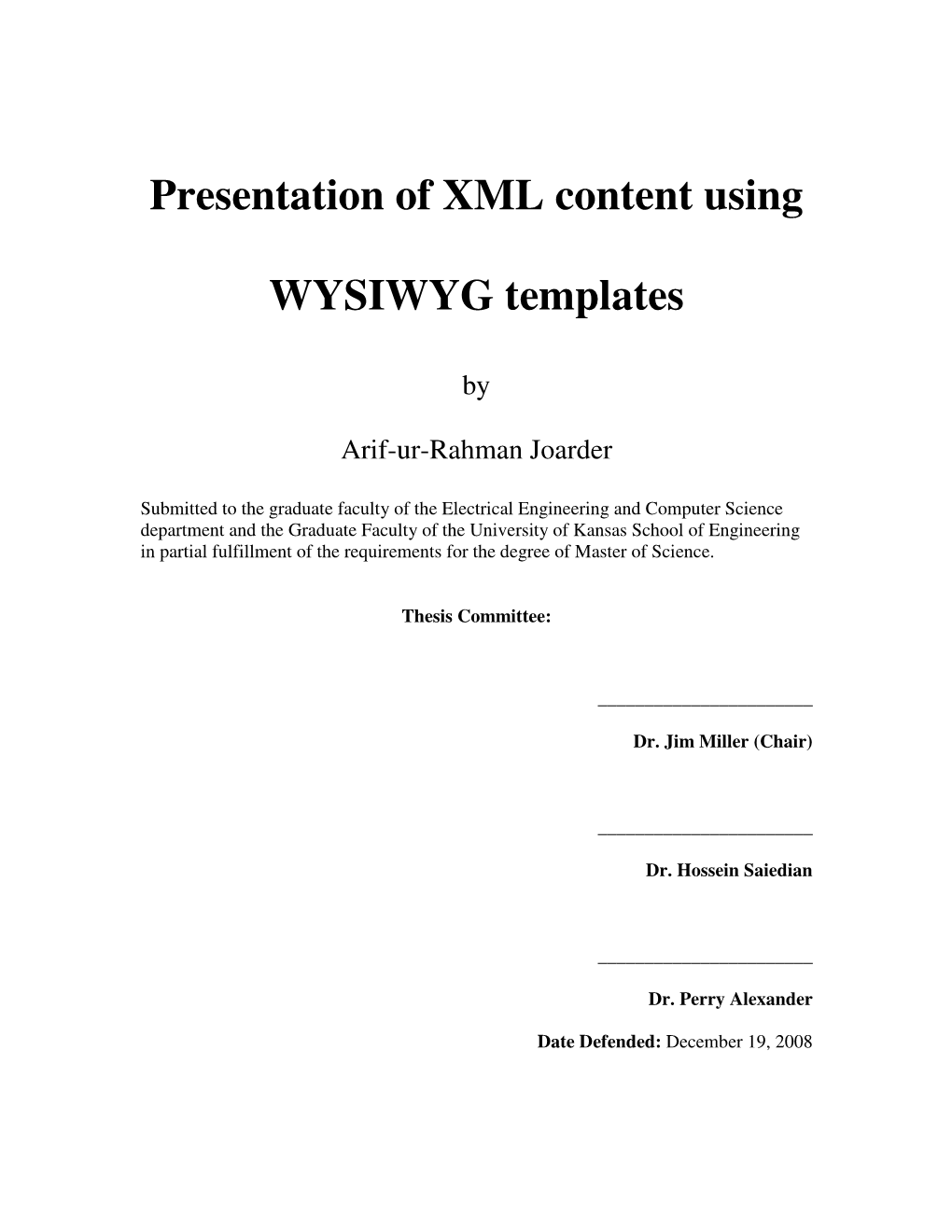 Presentation of XML Content Using WYSIWYG Templates