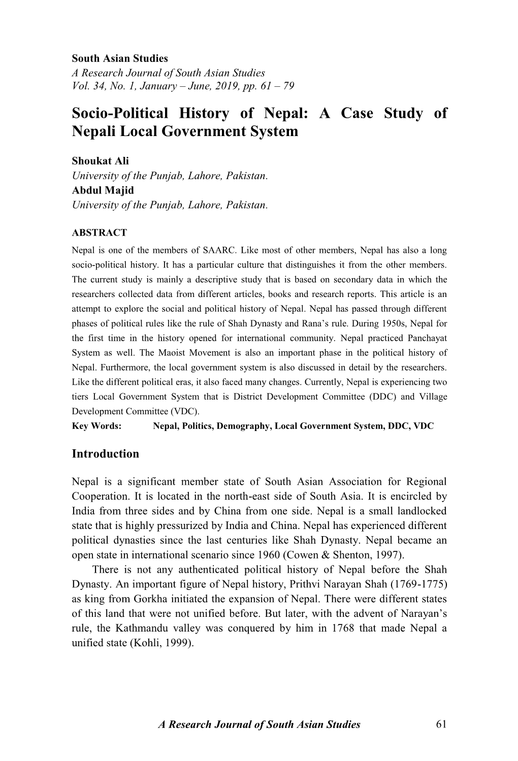 Socio-Political History of Nepal: a Case Study of Nepali Local Government System