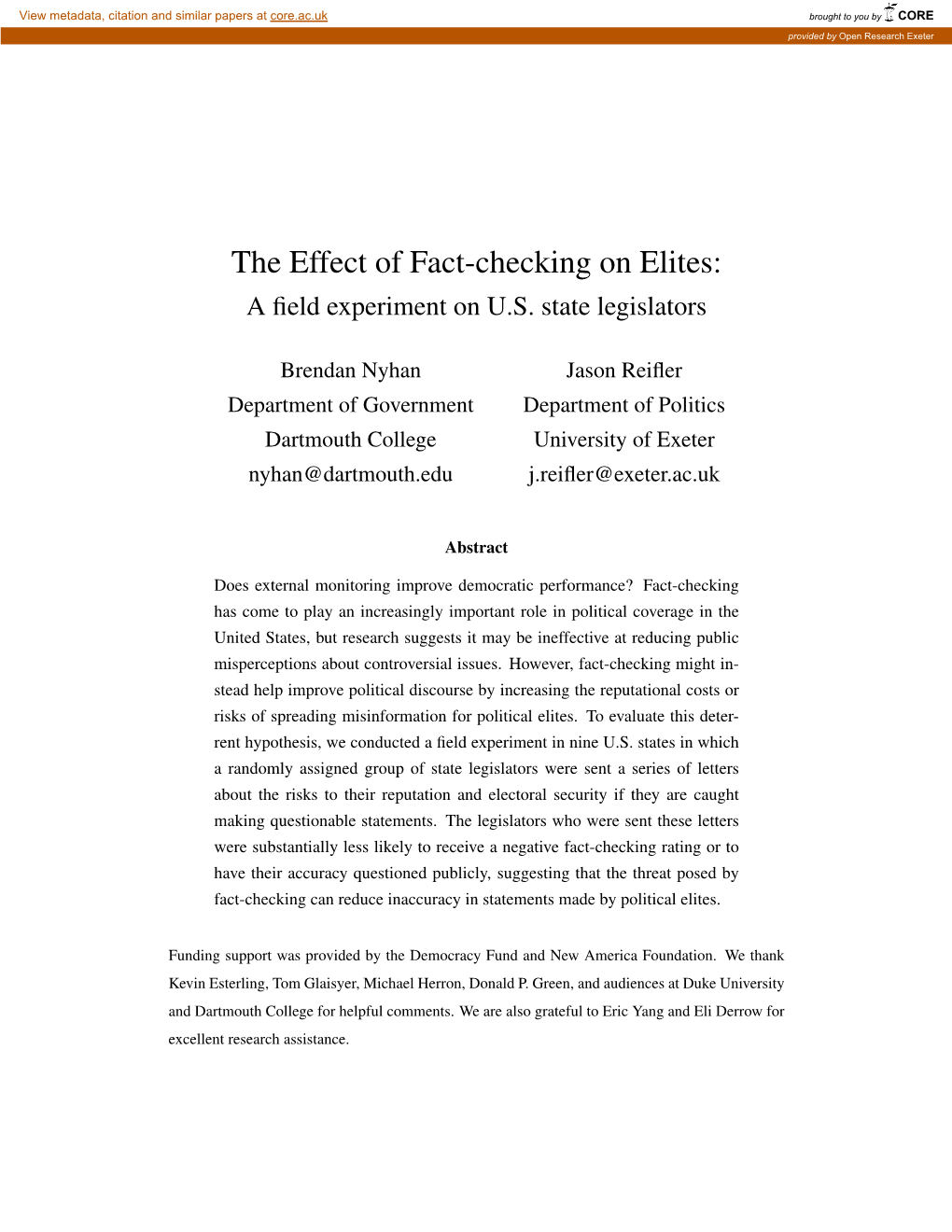 The Effect of Fact-Checking on Elites: a ﬁeld Experiment on U.S