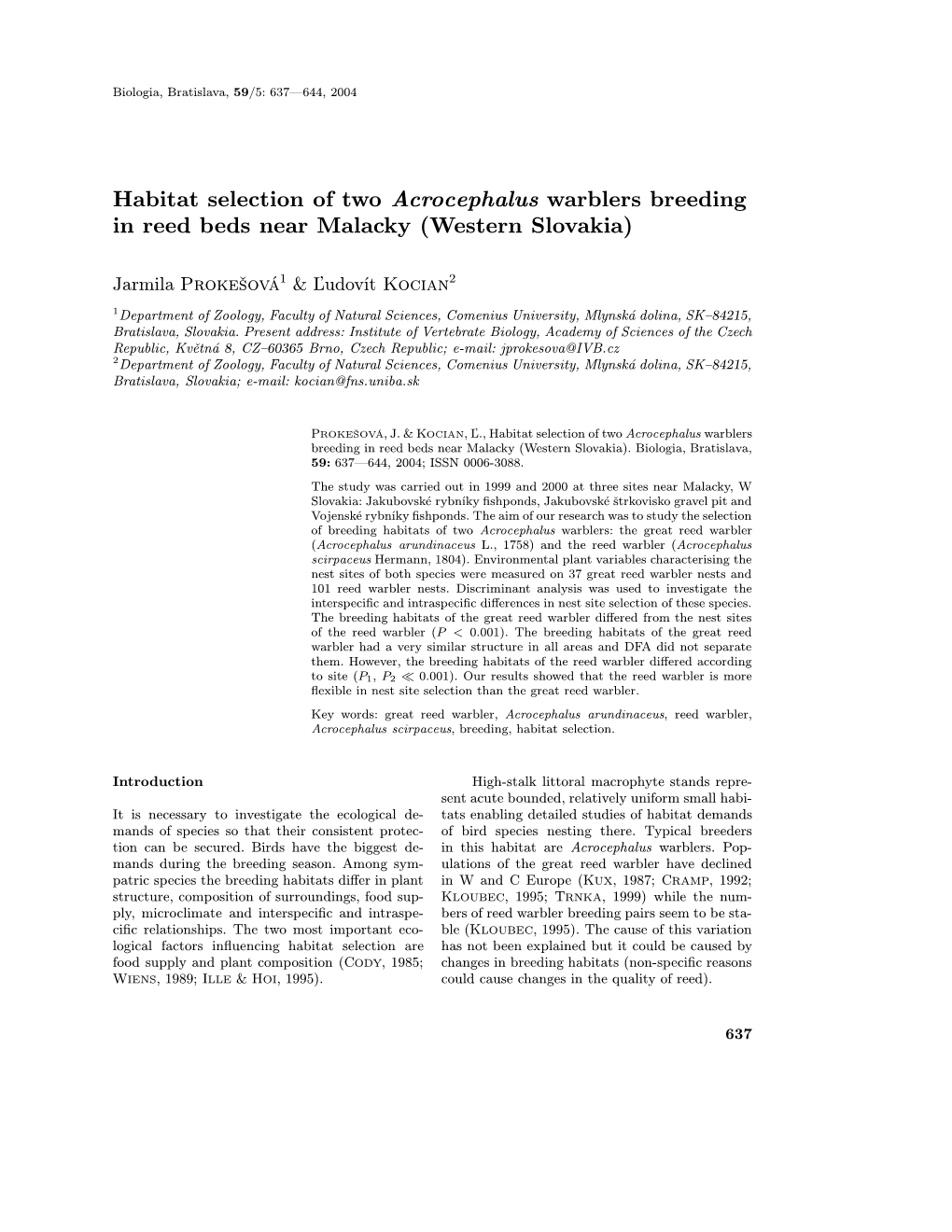 Habitat Selection of Two Acrocephalus Warblers Breeding in Reed Beds Near Malacky (Western Slovakia)