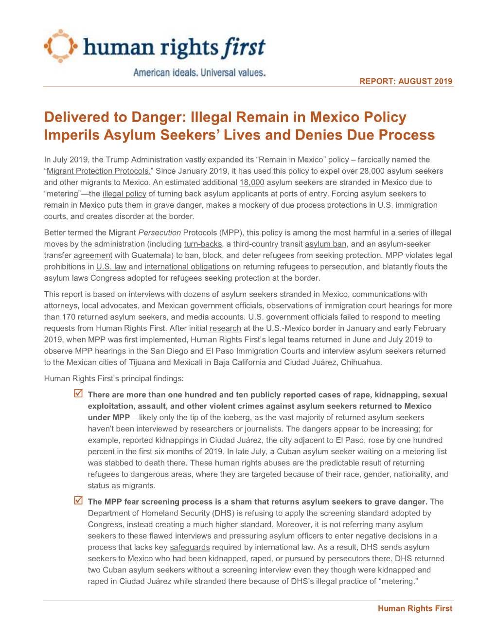 Delivered to Danger: Illegal Remain in Mexico Policy Imperils Asylum Seekers’ Lives and Denies Due Process