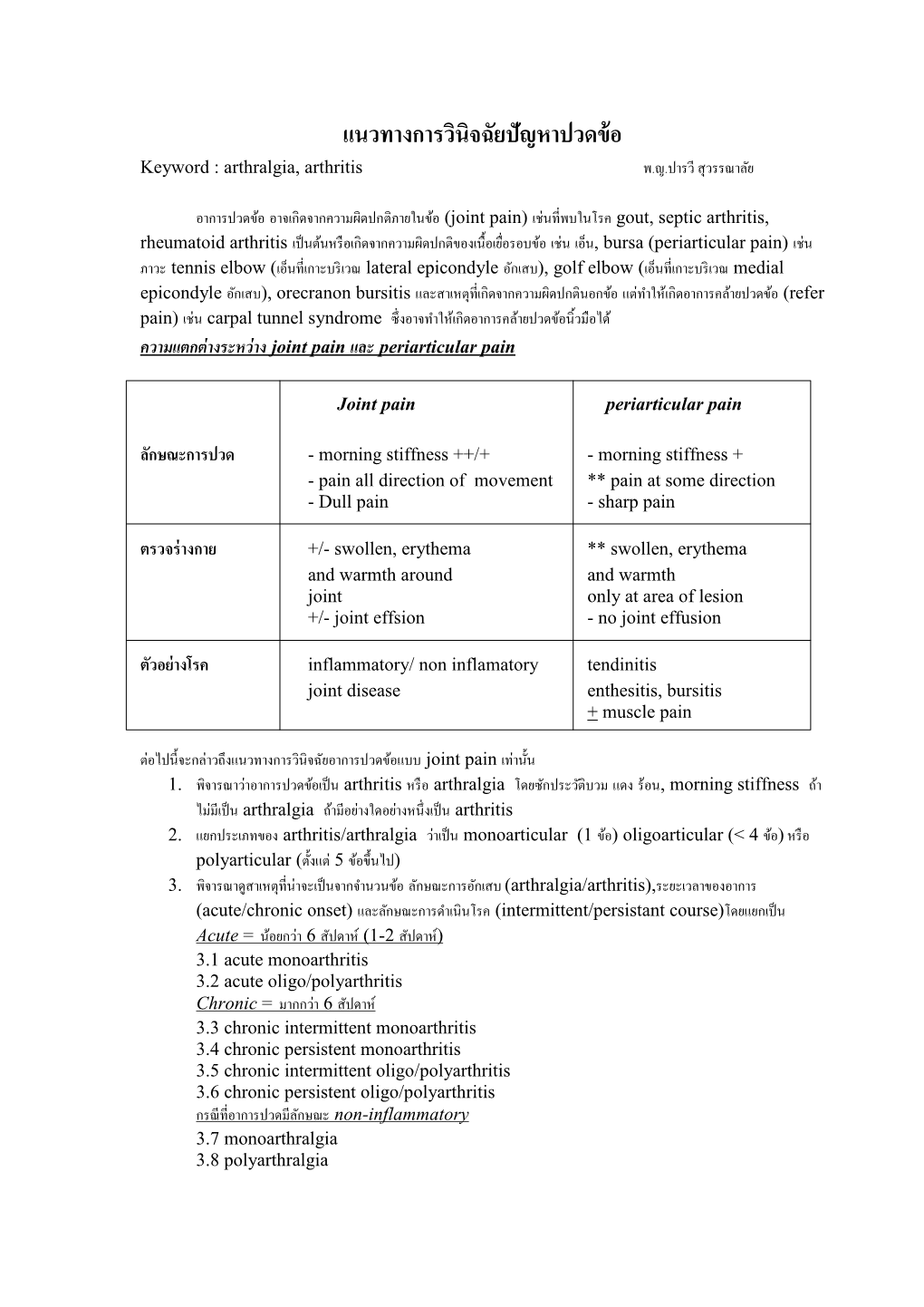 แนวทางการวินิจฉัยปัญหาปวดข้อ Keyword : Arthralgia, Arthritis พ.ญ.ปารวี สุวรรณาลัย