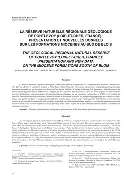 La Réserve Naturelle Régionale Géologique De Pontlevoy (Loir-Et-Cher, France) : Présentation Et Nouvelles Données Sur Les Formations Miocènes Au Sud De Blois