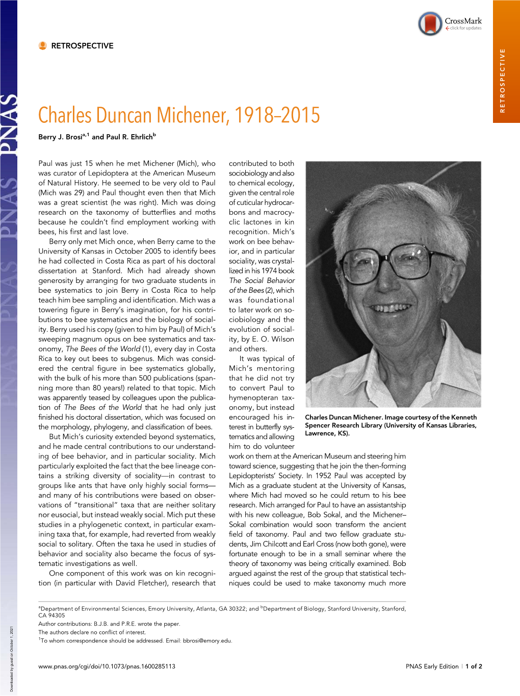 Charles Duncan Michener, 1918–2015 RETROSPECTIVE