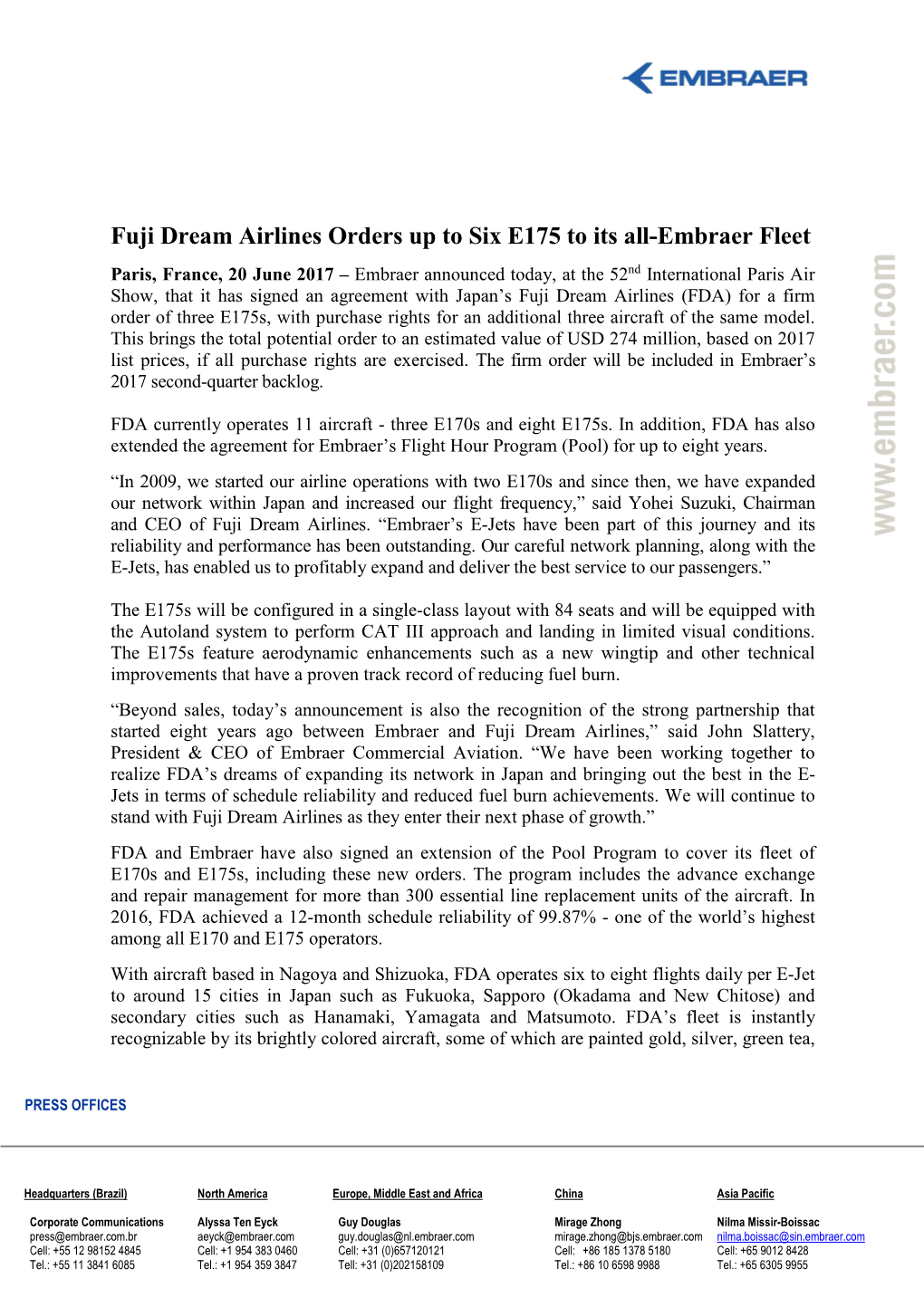 Fuji Dream Airlines Orders up to Six E175 to Its All-Embraer Fleet