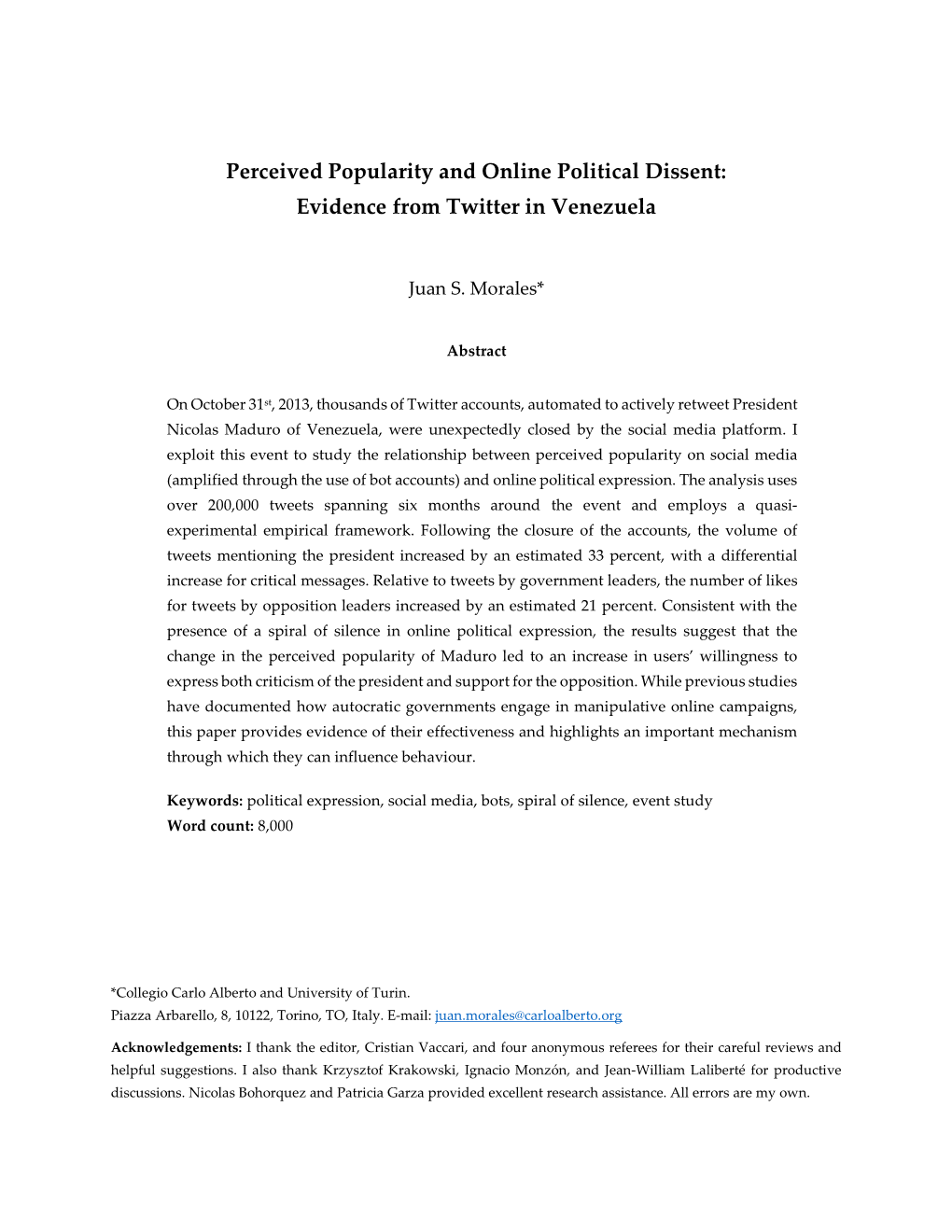 Perceived Popularity and Online Political Dissent: Evidence from Twitter in Venezuela