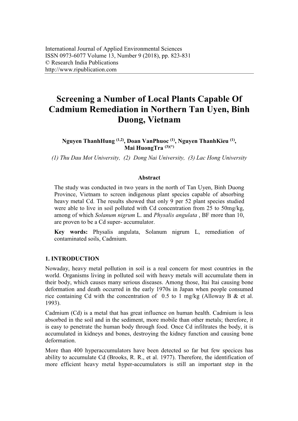 Screening a Number of Local Plants Capable of Cadmium Remediation in Northern Tan Uyen, Binh Duong, Vietnam