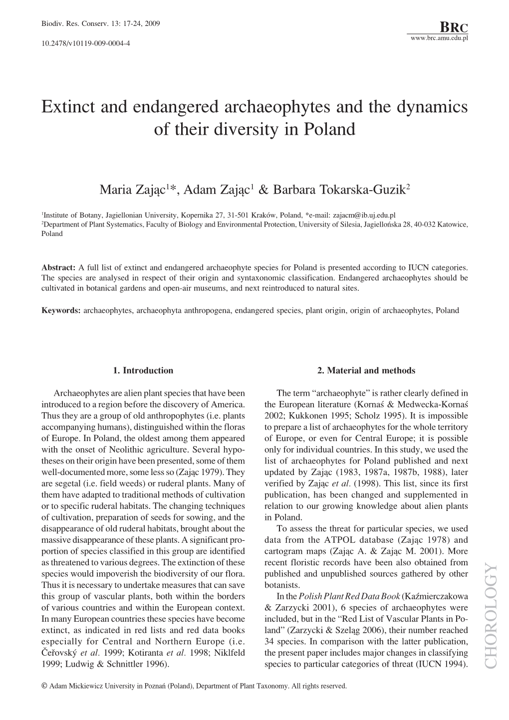 Extinct and Endangered Archaeophytes and the Dynamics of Their Diversity in Poland