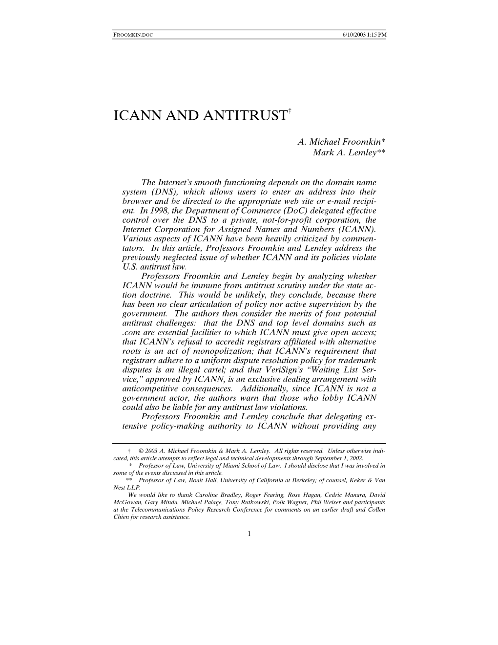 Icann and Antitrust†