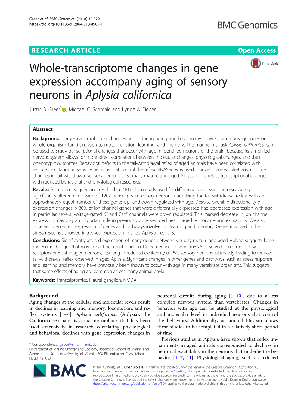 Whole-Transcriptome Changes in Gene Expression Accompany Aging of Sensory Neurons in Aplysia Californica Justin B
