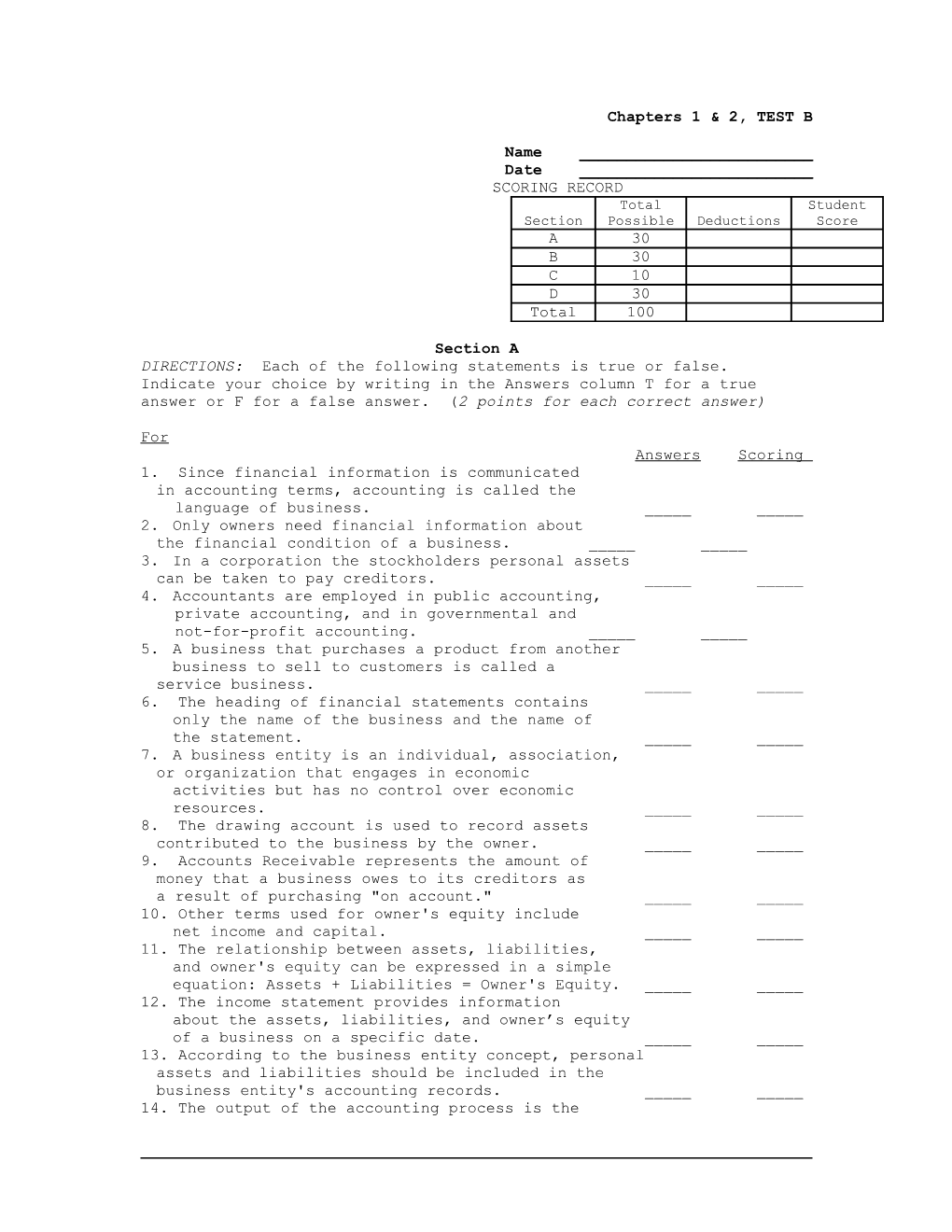 Chapters 1 & 2, TEST B