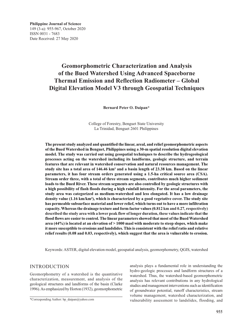 Geomorphometric Characterization and Analysis of the Bued Watershed Using Advanced Spaceborne Thermal Emission and Reflection Ra