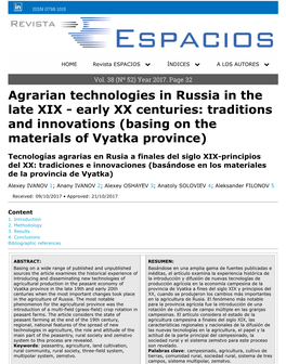 Agrarian Technologies in Russia in the Late XIX - Early XX Centuries: Traditions and Innovations (Basing on the Materials of Vyatka Province)