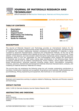 JOURNAL of MATERIALS RESEARCH and TECHNOLOGY Official Publication of the Brazilian Metallurgical, Materials and Mining Association