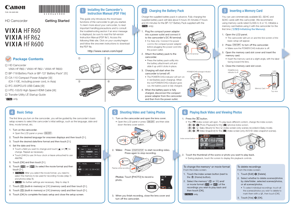 HD Camcorder Charging the Battery Pack Package Contents Basic