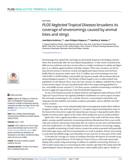 PLOS Neglected Tropical Diseases Broadens Its Coverage of Envenomings Caused by Animal Bites and Stings