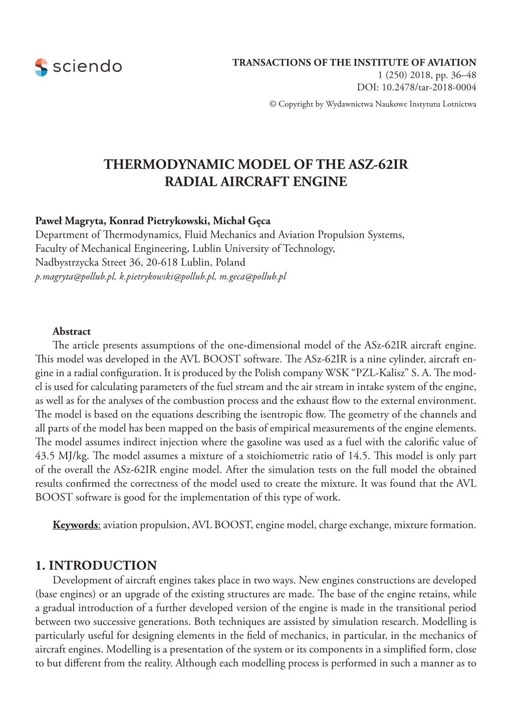 Thermodynamic Model of the Asz-62Ir Radial Aircraft Engine