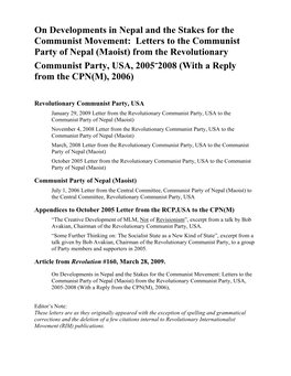 Letters to the Communist Party of Nepal (Maoist) from the Revolutionary Communist Party, USA, 2005-2008 (With a Reply from the CPN(M), 2006)