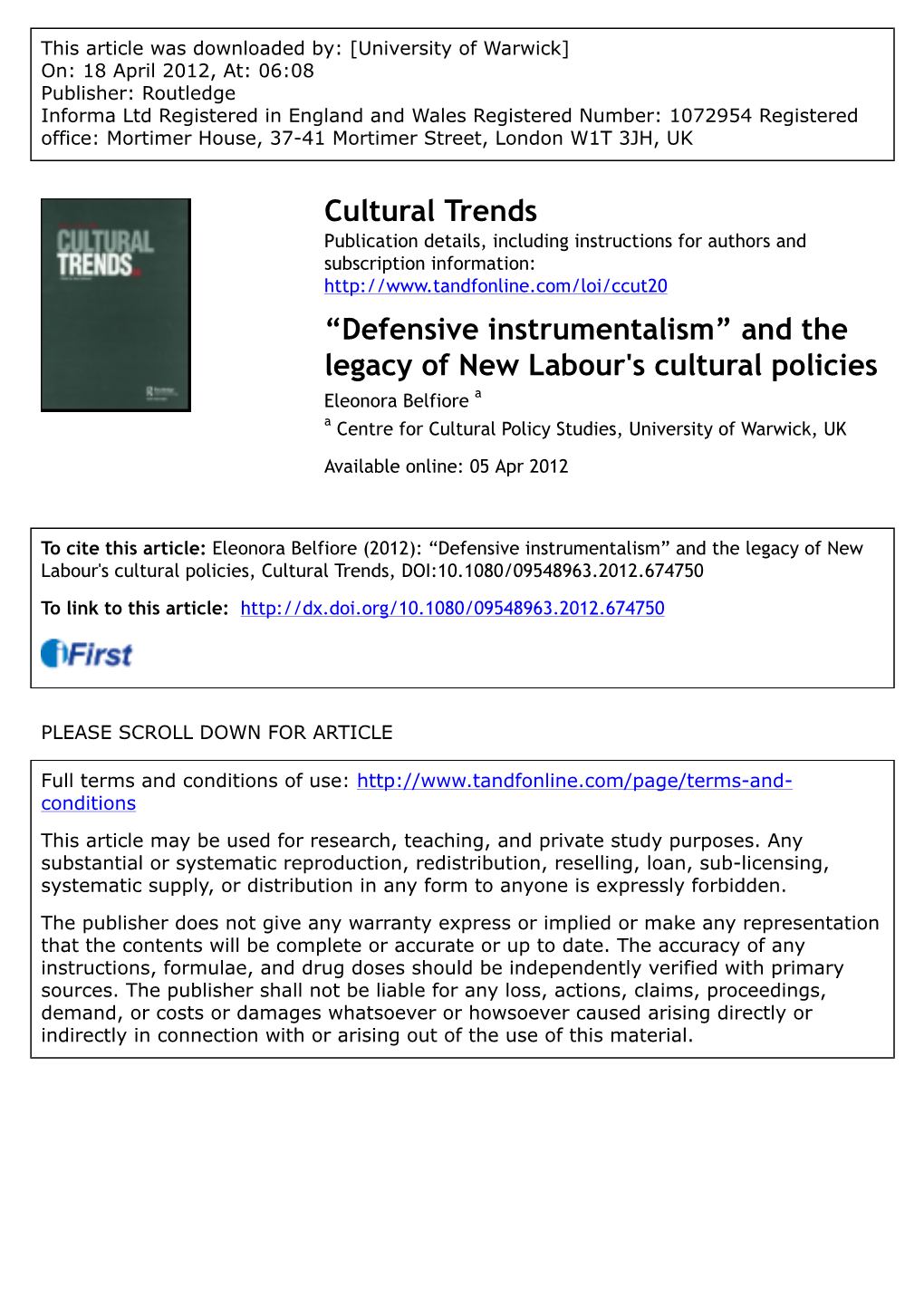 “Defensive Instrumentalism” and the Legacy of New Labour's Cultural