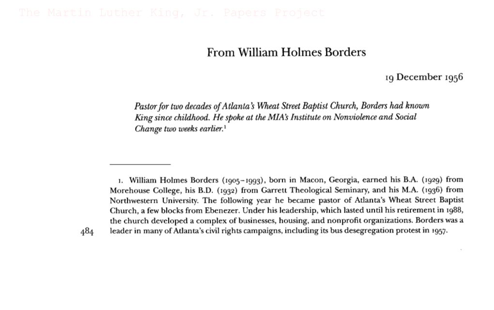 From William Holmes Borders the Martin Luther King, Jr. Papers Project