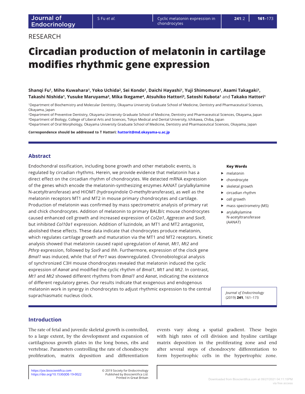 Circadian Production of Melatonin in Cartilage Modifies Rhythmic Gene Expression