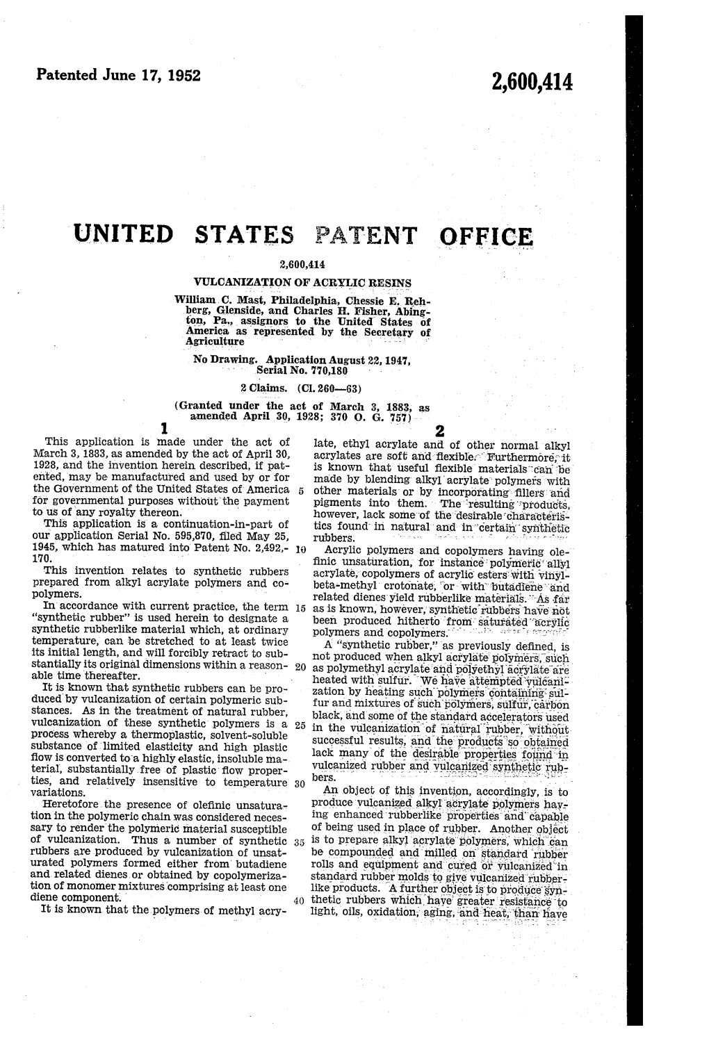 UNITED STATES PATENT OFFICE Vulcanization of Acrylicresins William C