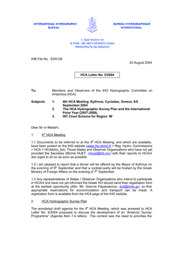 IHB File No. S3/0128 20 August 2004 HCA Letter No. 5/2004 To