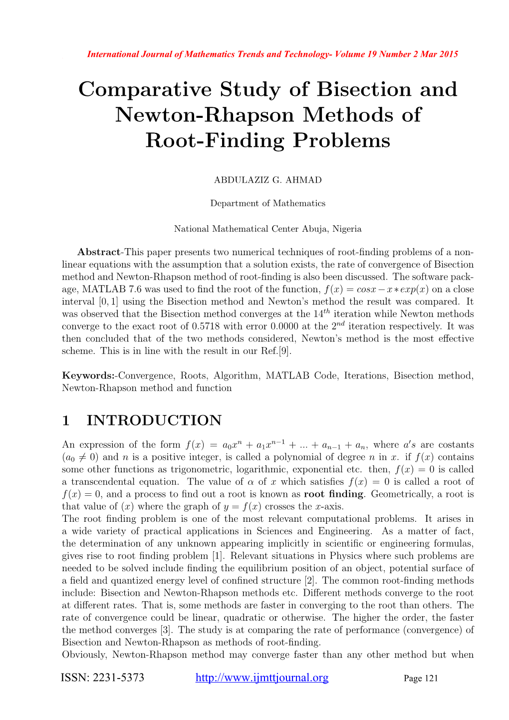 Comparative Study of Bisection and Newton-Rhapson Methods of Root-Finding Problems