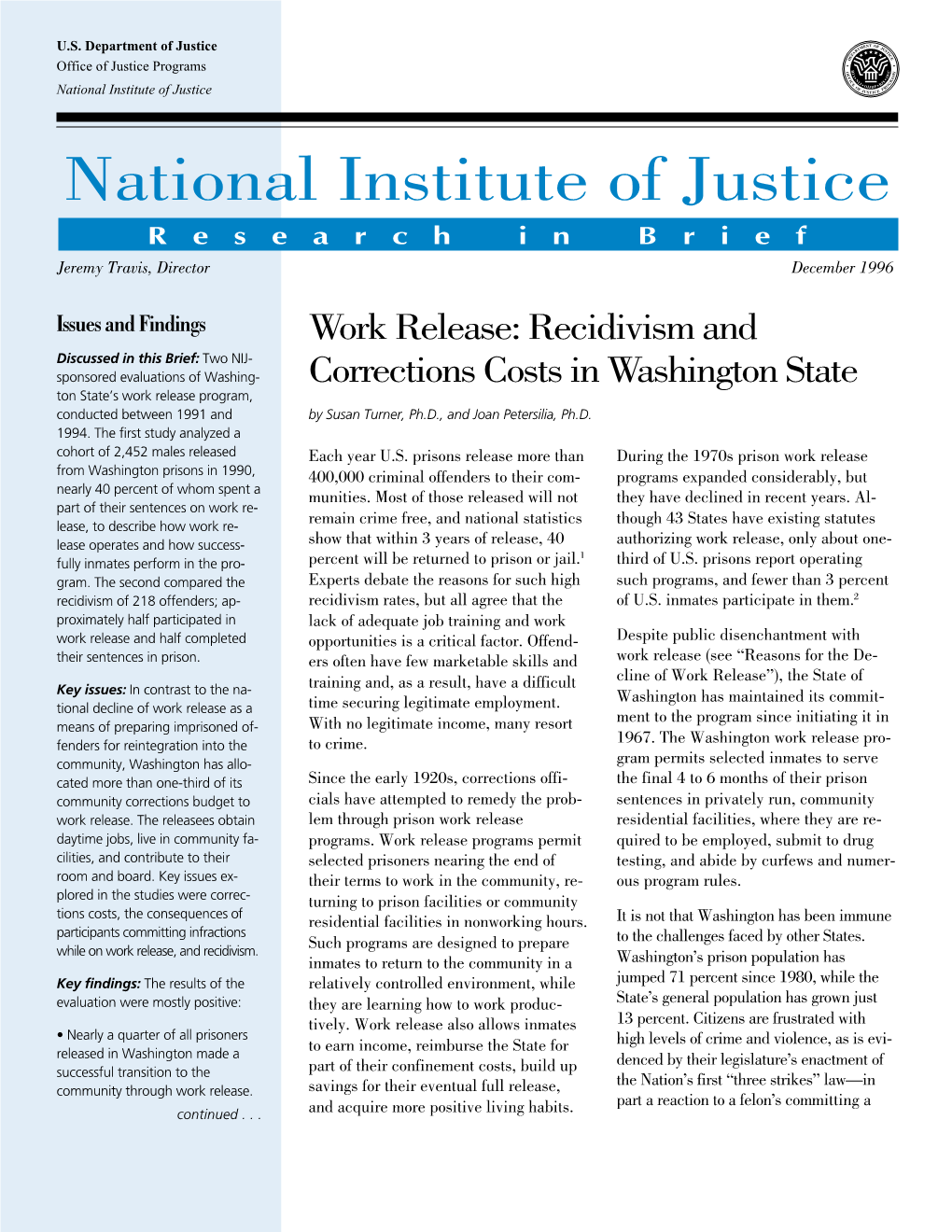 Work Release: Recidivism and Corrections Costs in Washington