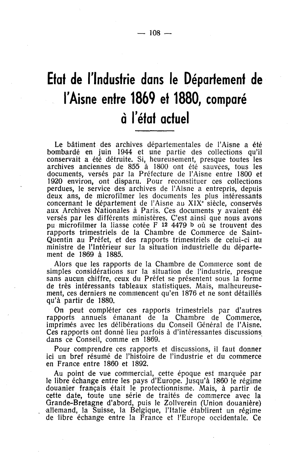 Etat De L'industrie Dans Le Département L'aisne Entre 1869 Et