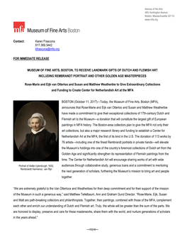 MFA Boston to Receive Major Gifts of Dutch and Flemish Art, Press Release, P. 1 —More— Contact: Karen Frascona 617.369.34