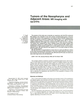 Tumors of the Nasopharynx and Adjacent Areas: MR Imaging with Gd-DTPA