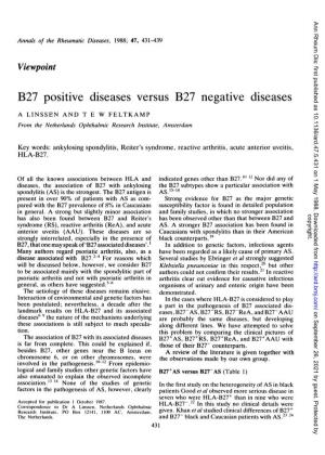 B27 Positive Diseases Versus B27 Negative Diseases