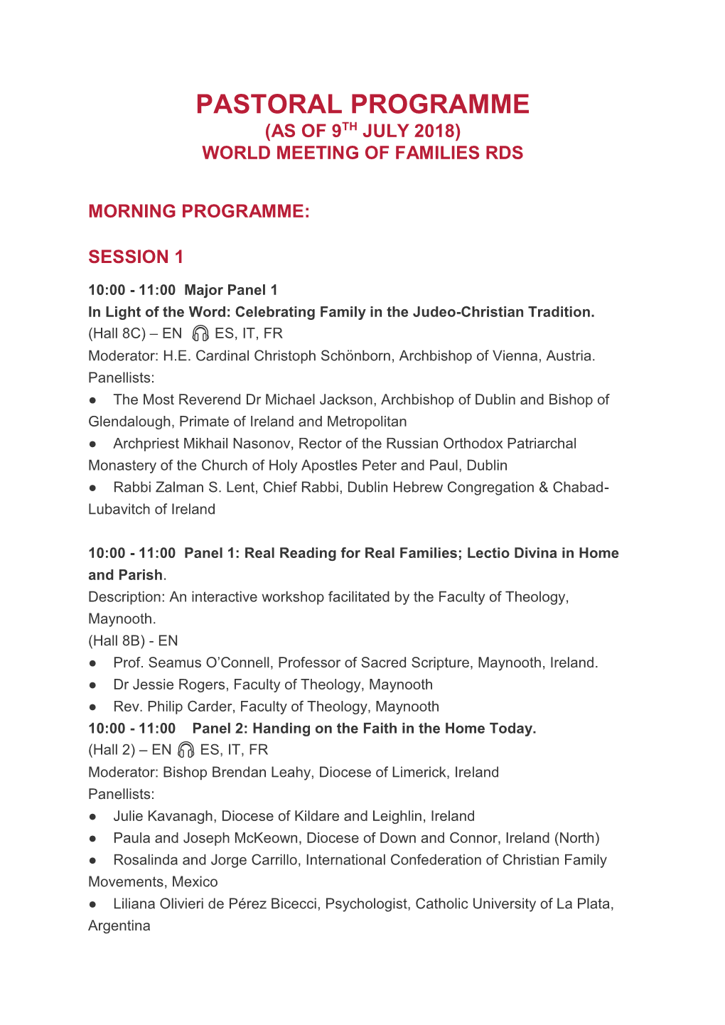 Pastoral Programme (As of 9Th July 2018) World Meeting of Families Rds