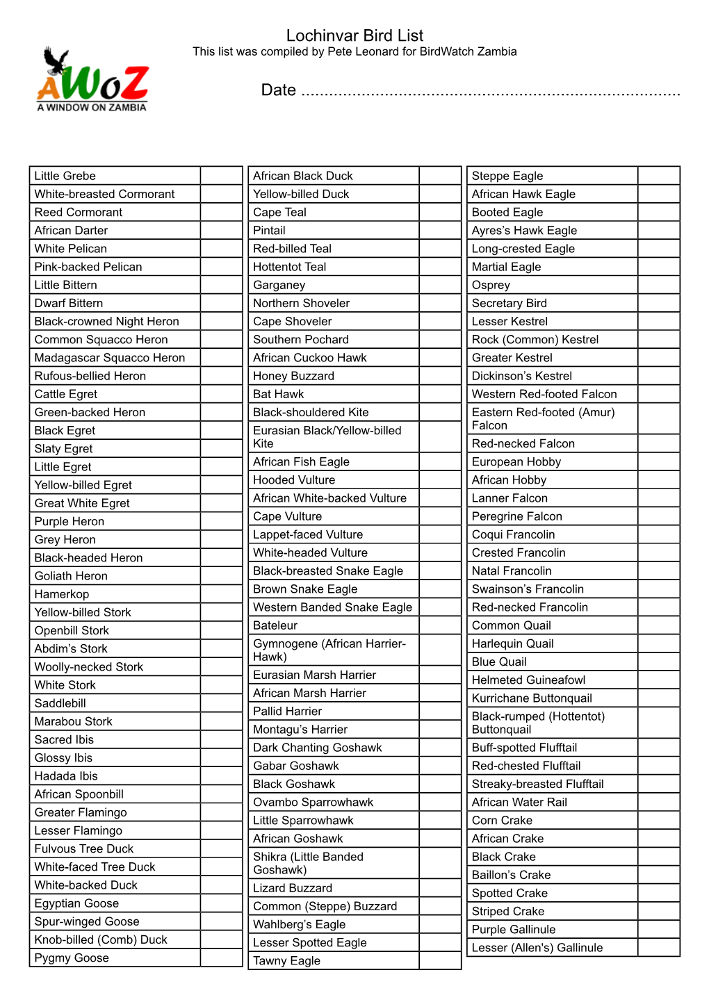 Lochinvar Bird List This List Was Compiled by Pete Leonard for Birdwatch Zambia