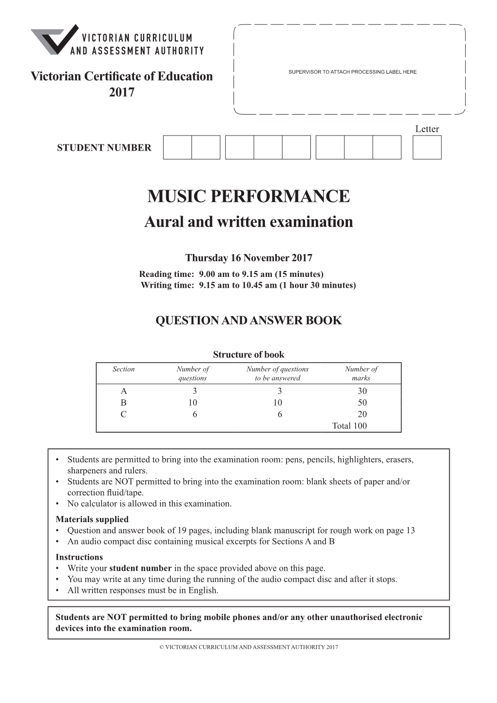 2017 Music Performance Aural and Written Examination