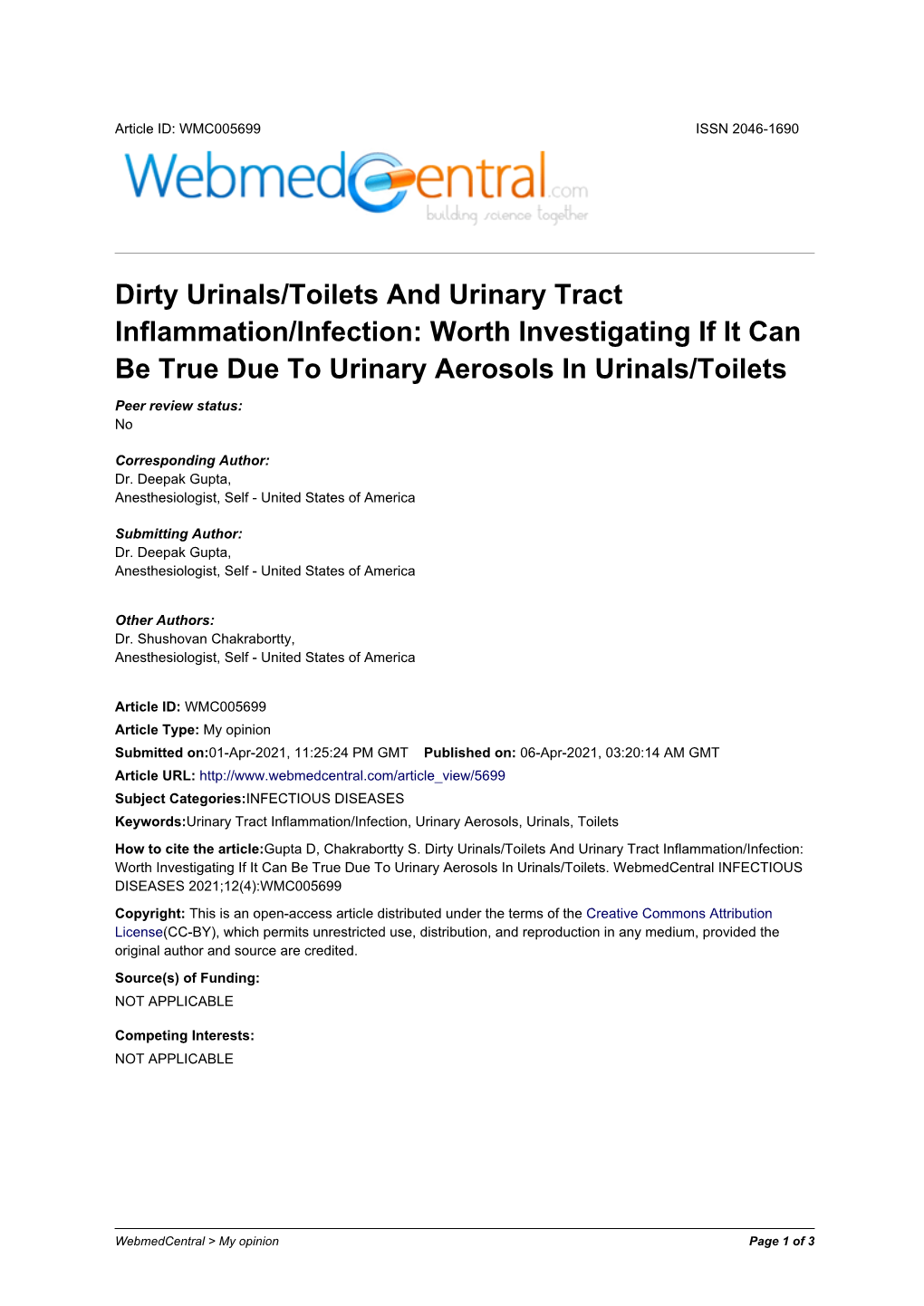 Dirty Urinals/Toilets and Urinary Tract Inflammation/Infection: Worth Investigating If It Can Be True Due to Urinary Aerosols in Urinals/Toilets