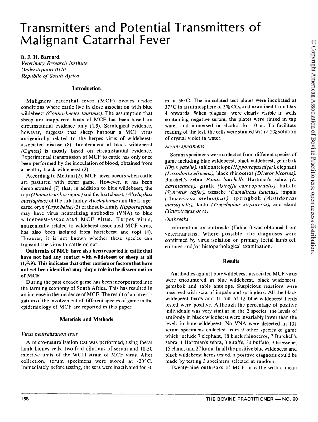 Transmitters and Potential Transmitters of Malignant Catarrhal Fever