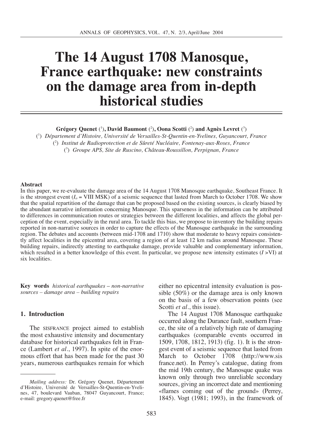 The 14 August 1708 Manosque, France Earthquake: New Constraints on the Damage Area from In-Depth Historical Studies