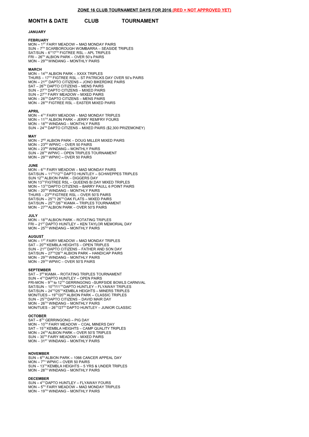 Zone 16 Club Tournament Days for 2010