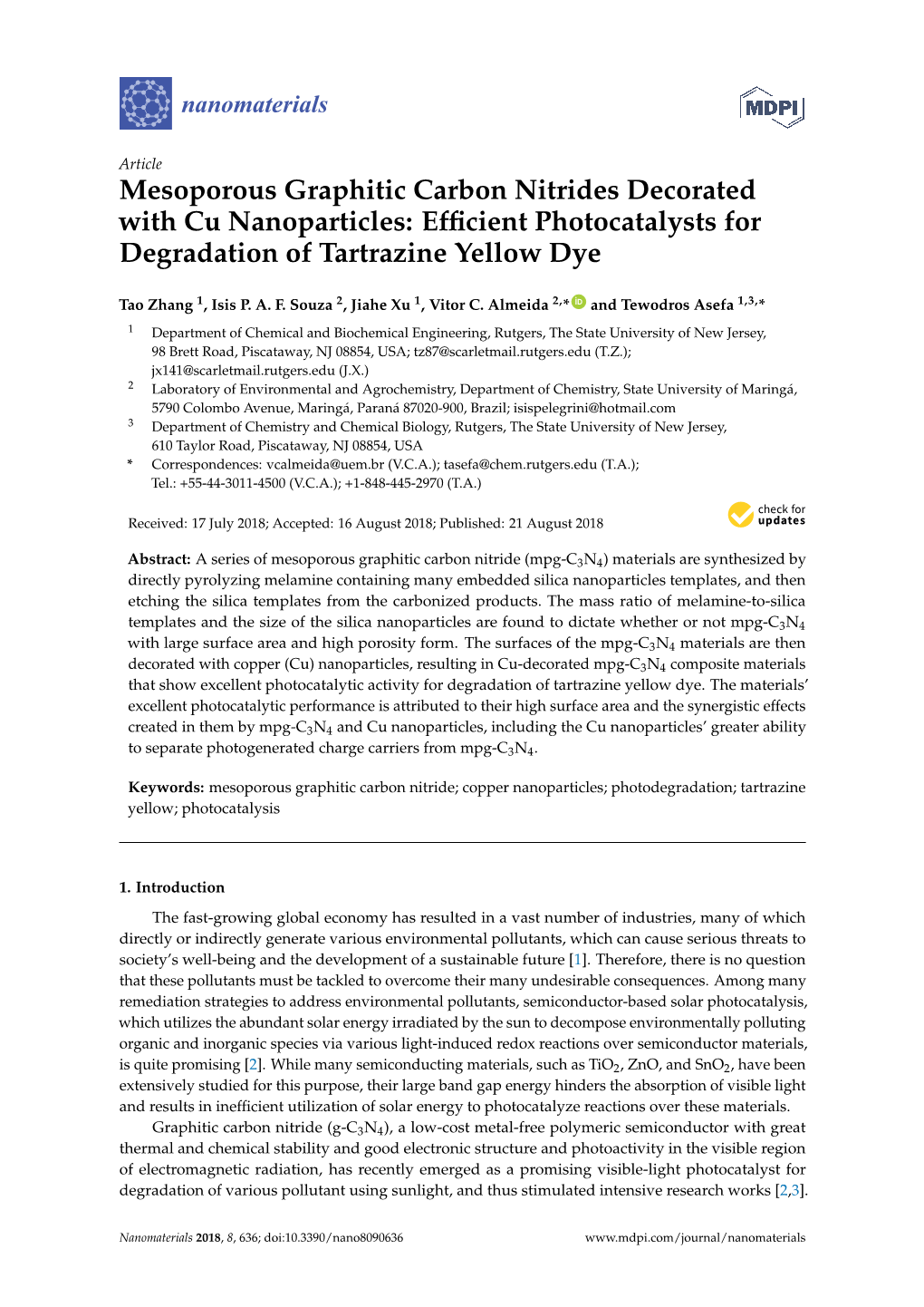 Mesoporous Graphitic Carbon Nitrides Decorated with Cu Nanoparticles: Efﬁcient Photocatalysts for Degradation of Tartrazine Yellow Dye