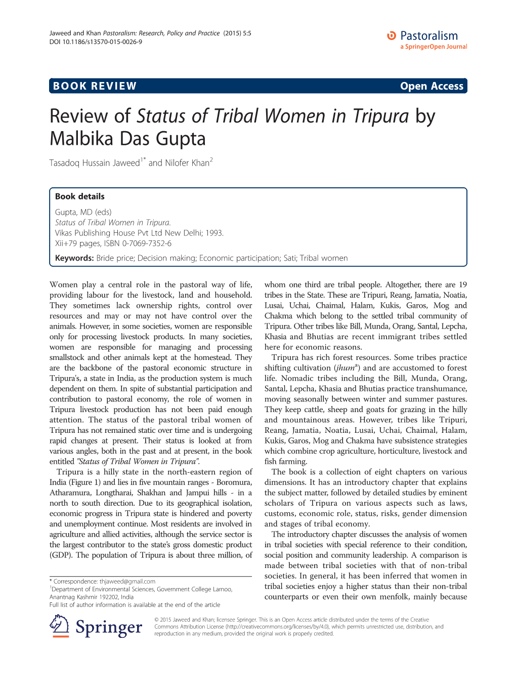 Review of Status of Tribal Women in Tripura by Malbika Das Gupta Tasadoq Hussain Jaweed1* and Nilofer Khan2