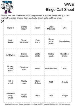 WWE Bingo Call Sheet